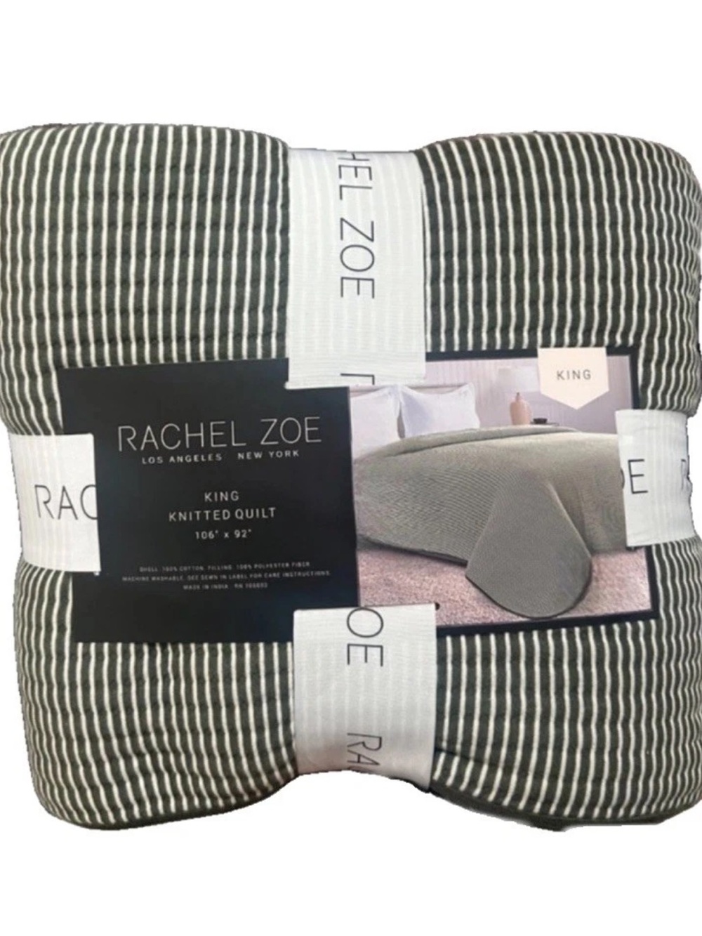 Rachel Zoe Black and White Striped Cotton Knitted King Quilt 106”x92”